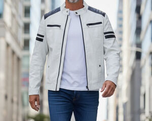 Hard Edge White Faux Leather Bomber Jacket Full Zip Men's Size Extra Large